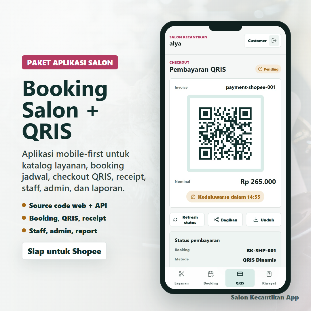 ID TECH Aplikasi Booking Salon Kecantikan + QRIS | Android Web Admin Staff