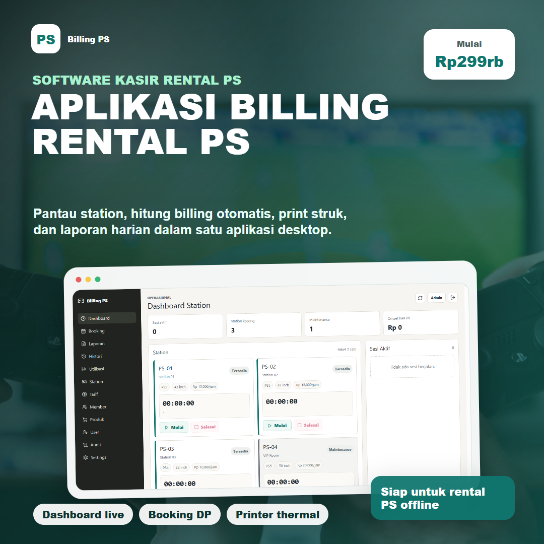 ID TECH Aplikasi Billing Rental PS / PlayStation - Kasir Rental PS, Timer, Booking, Struk, Laporan, Stock Opname