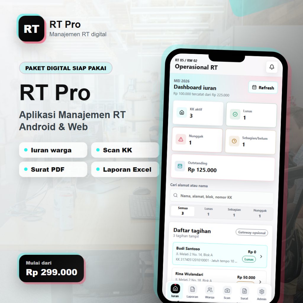 ID TECH Aplikasi Manajemen RT Pro Android/Web - Iuran Warga, Scan KK, Surat PDF, Laporan Excel